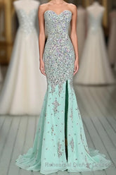 High Quality Mermaid Rhinestones Long Sexy Sweetheart Front Split Mint Chiffon Trumpet 2024 Semi Formal Prom Dresses